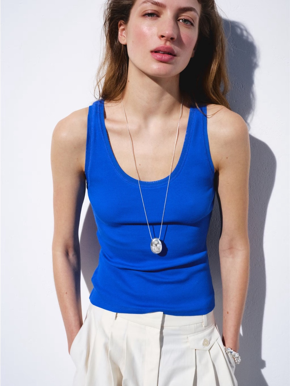 Mango Cobalt Blue Ribbed Scoop Tank